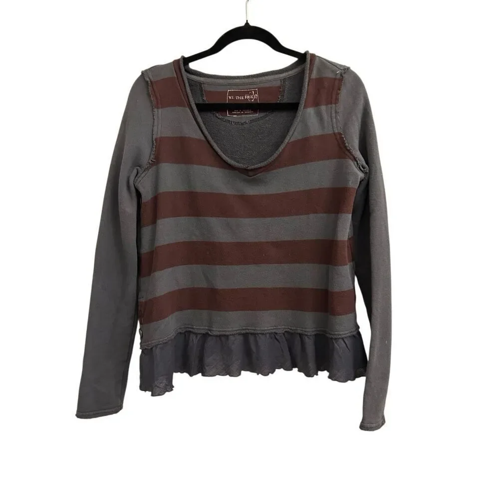 We The Free Multi Media Striped Sweater with ruffle hem Sz XS Preppy Academia
